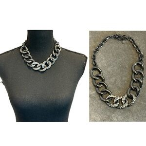 R.J. Graziano Gunmetal Silver tone Chrome chain link chunky necklace rhinestone